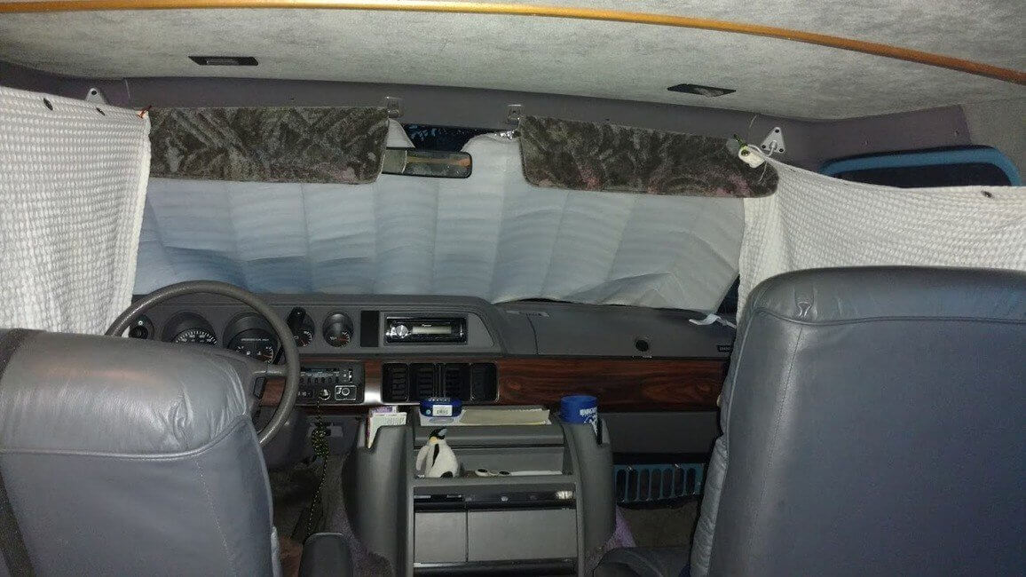 Camper van curtains and windshield visor for privacy