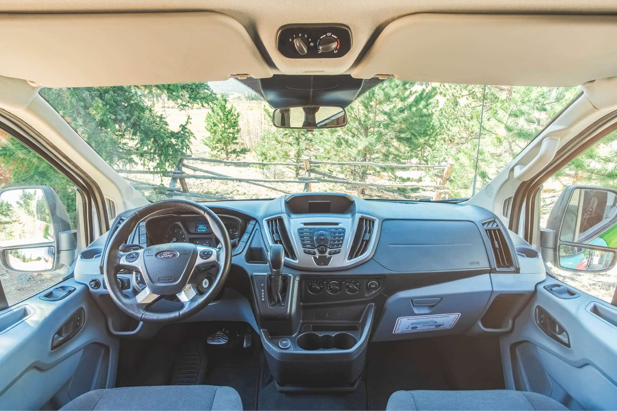 The front of the Del Mar camper van. It comes equipped with Aux and Bluetooth capabilities.