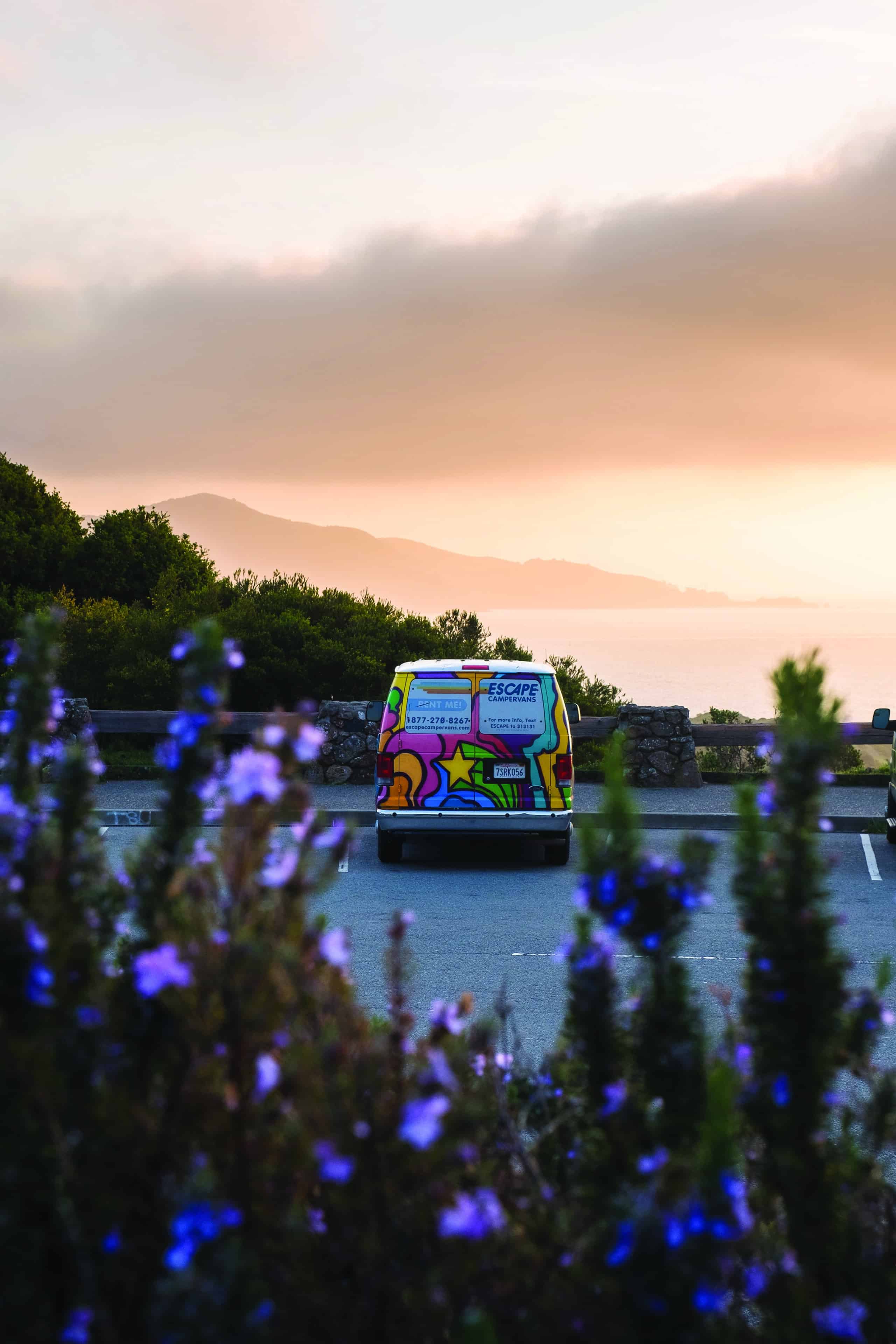 Campervan parked looking out towards the ocean