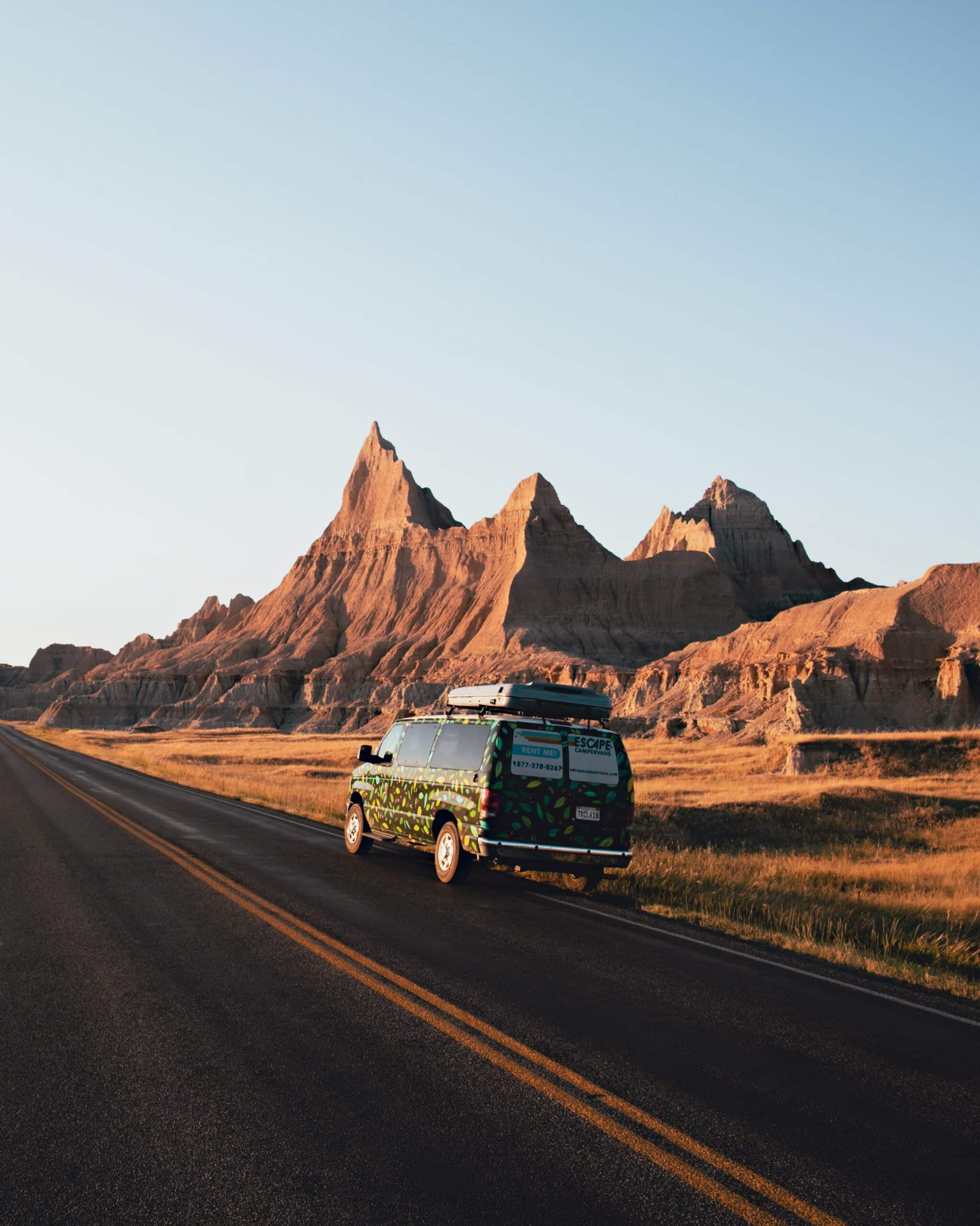 Escape camper van on a Badlands National Park camping trip.