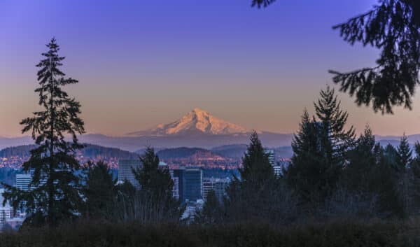 Mount Hood over the Portland skyline.