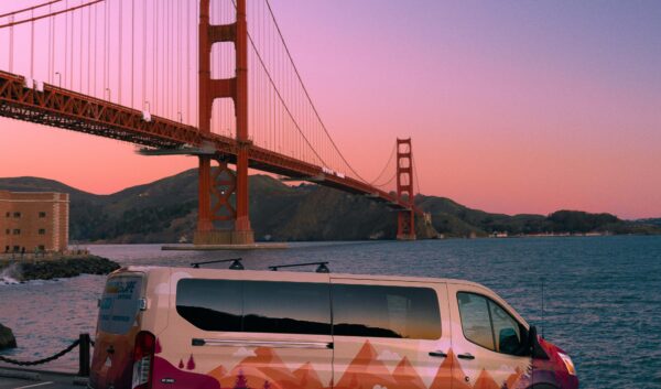 campervan parked outside the Golden Gate bridge in San Francisco, CA