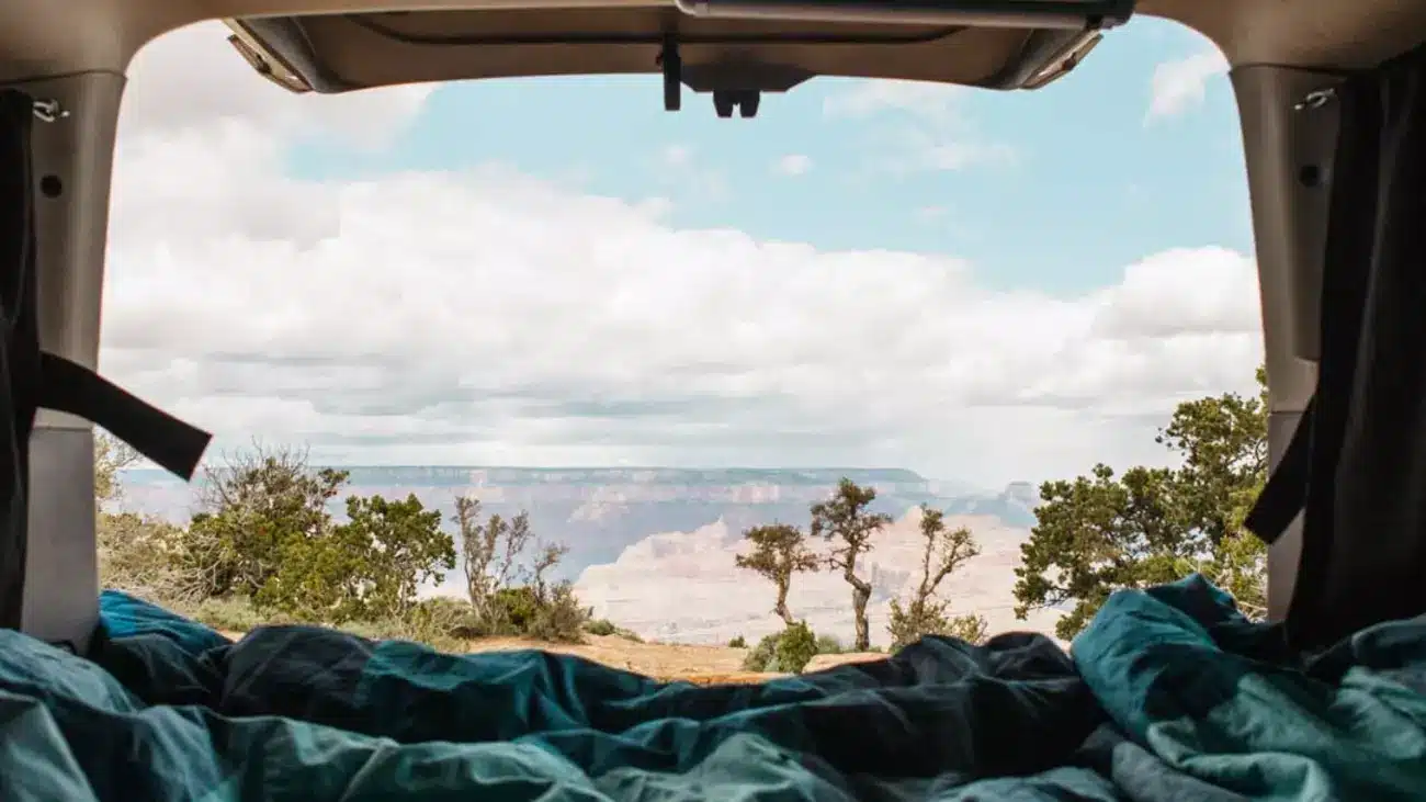 The view out of the back of an Escape Camper Van on a Southwest National Park loop.