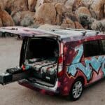 An Escape Camper Van with the kitchen pulled out on a Salt Lake City to Las Vegas road trip.