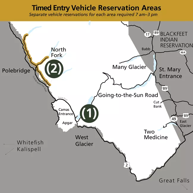 Glacier National Park Timed Entry Vehicle Reservation Areas